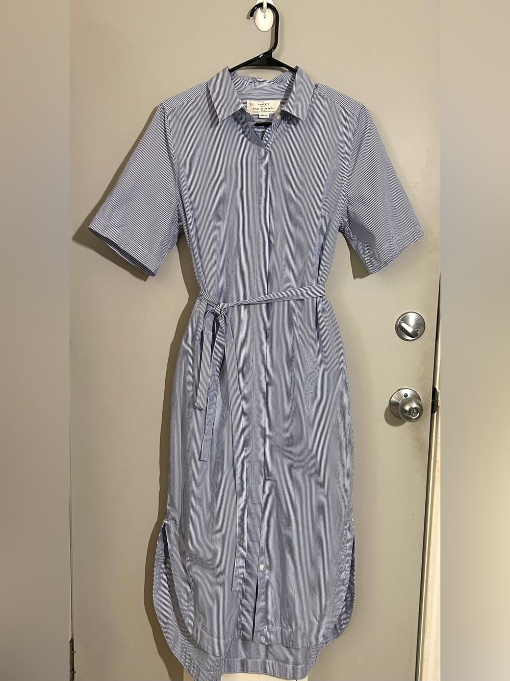 Trovata birds of paradise Blue + White Striped short sleeve maxi Shirt Dress M